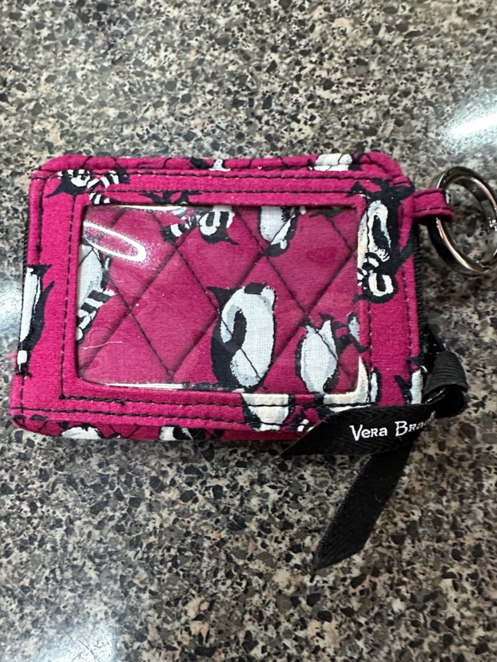 Vera Bradley Magenta Penguin Quilted ID Card Holder with Keyring